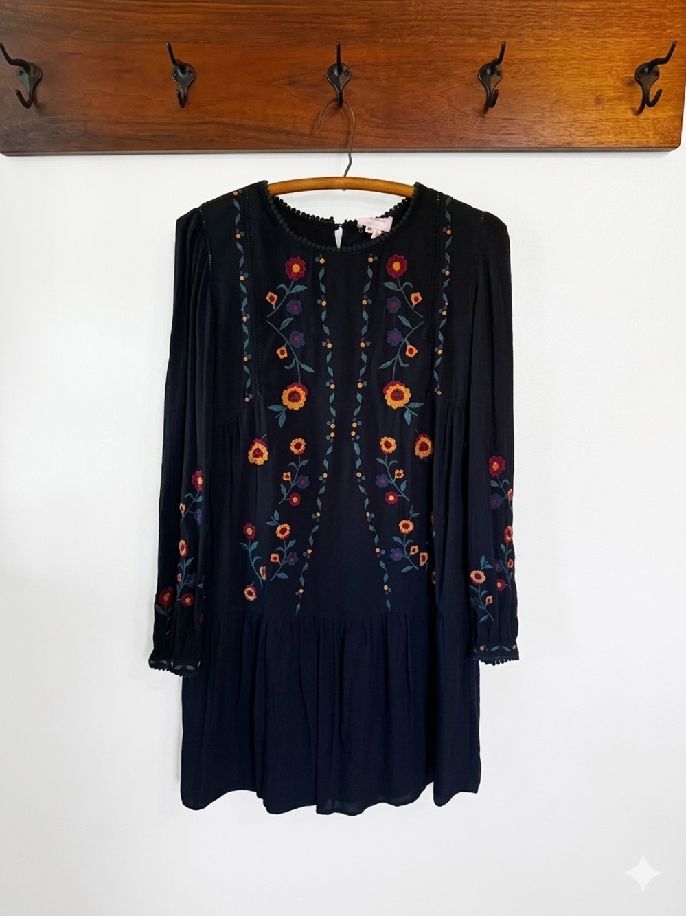 Sezane Black Mini Dress with Multicolor Floral Embroidery Sweet Details